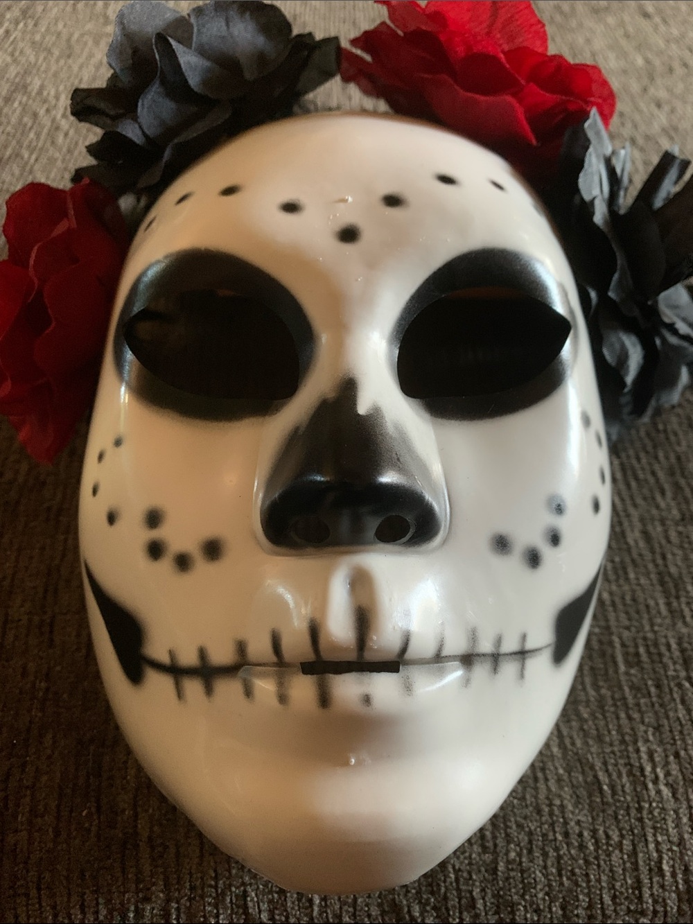 Decorative White and Black Skull Mask with Red & Black Flower Crown